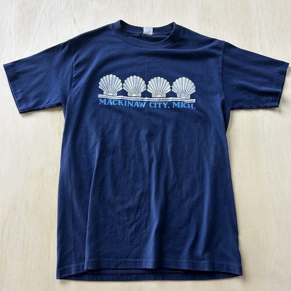 Vintage Mackinaw City Michigan Shirt Mens Small Blue Seashell Single Stitch Tee